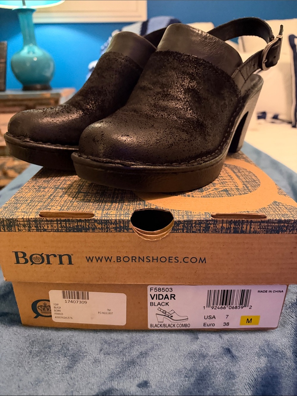 Born Black Leather Slingback Clog Heels